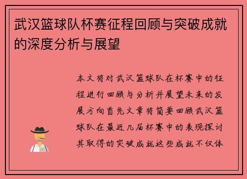 武汉篮球队杯赛征程回顾与突破成就的深度分析与展望